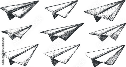 A collection of hand-drawn paper airplanes in various designs showcasing flight and creativity..