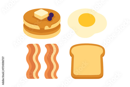 Classic American breakfast spread featuring pancakes with syrup and blueberries, fried egg, crispy bacon, and toast