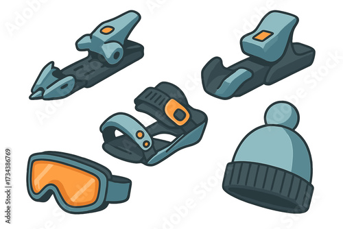 Winter sports equipment and accessories set including ski bindings, snowboard bindings, goggles, and a warm hat