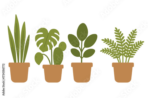 Stylized collection of diverse green indoor house plants in terracotta pots on a clean white background for home decor
