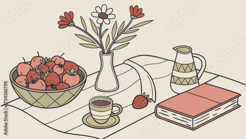 A delightful still life scene showcasing a bowl of apples, a vase of flowers, a pitcher, a cup of coffee, and a book, all arranged on a table with a soft background