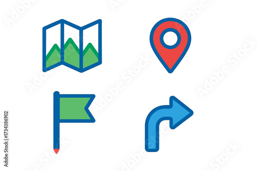 Navigation and location symbols featuring folded map, map pin, flag, and right turn arrow for travel and journey