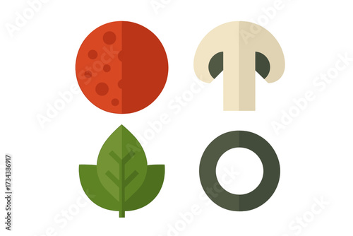 Collection of flat design pizza ingredients with pepperoni, mushroom, fresh basil, and black olive ring