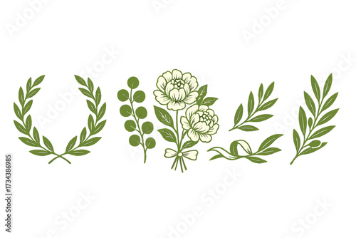 Assortment of natural green botanical decorative elements featuring a laurel wreath, peony bouquet, and olive branches