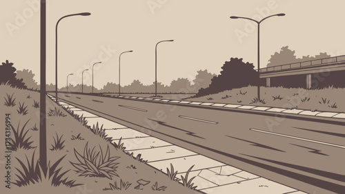 A sepiatoned illustration depicts a long, straight road stretching into the distance, flanked by grassy hills and streetlights, with a bridge overhead