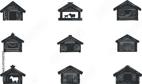 A collection of simple black and white icons depicting various farmhouses and animal shelters..