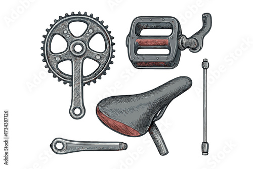 Detailed assortment of classic bicycle components featuring pedal, saddle, chainring, and crank arms for repair or restoration projects