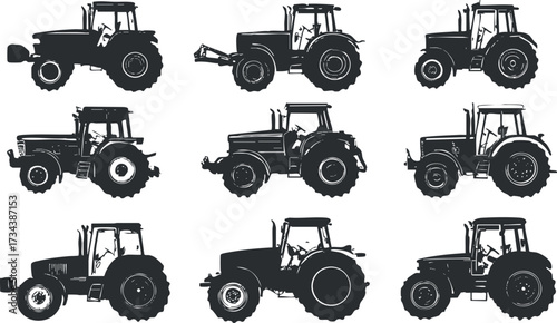 Collection of black and white silhouettes of various tractor models for agricultural use..
