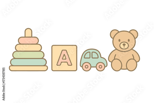 Colorful assortment of pastel baby toys including stacking rings, alphabet block, toy car, and teddy bear