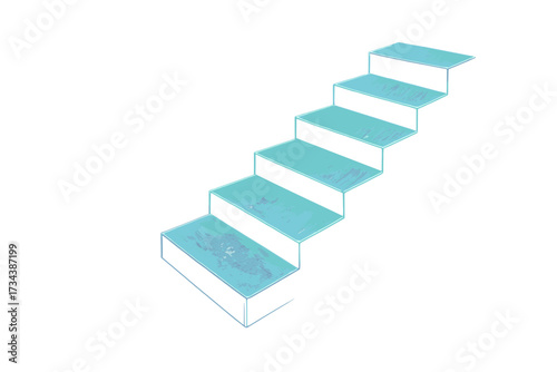 Abstract blue green gradient steps ascending on a clean white background for progress and growth concept