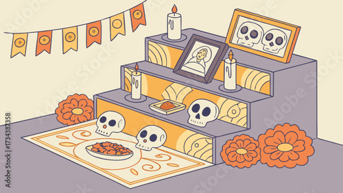 A colorful illustration of a day of the dead altar, adorned with skulls, candles, flowers, and framed portraits, set against a neutral background