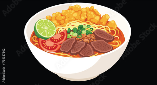 A delicious bowl of noodle soup with beef and fresh toppings.