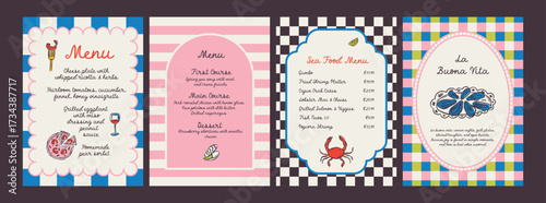 Whimsical hand drawn sea food poster and menu template in trendy whimsical style. Perfect doodle for quirky italian dinner  restaurant and cafe, kitchen wall art, poster,  party, birthday, sign