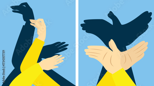 Pair of hands with pigeons. Vector illustration in flat style