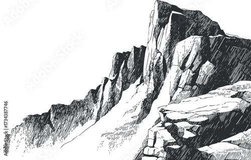 A detailed sketch of a rugged mountain cliff showcasing natural landscape features..