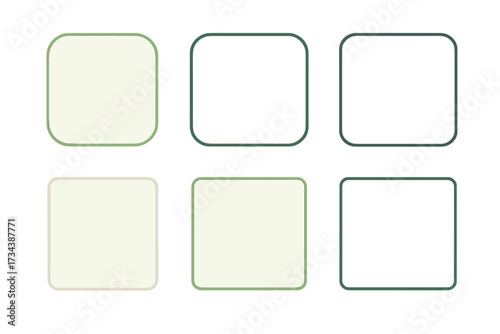 Modern collection of six rounded square frames featuring diverse green, beige, and white color borders and fills