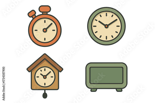 Collection of various timepieces including stopwatch, classic wall clock, cuckoo clock, and modern digital alarm clock