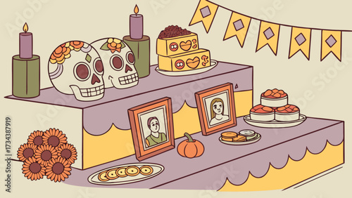 Vibrant day of the dead altar illustration showcasing sugar skulls, candles, framed portraits, and traditional offerings, honoring deceased loved ones with joy