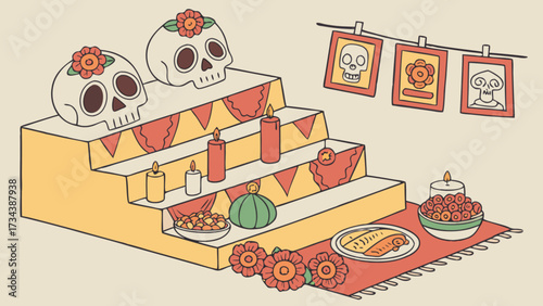 Day of the dead altar illustration featuring sugar skulls, candles, framed photos, and traditional offerings, honoring and remembering deceased loved ones