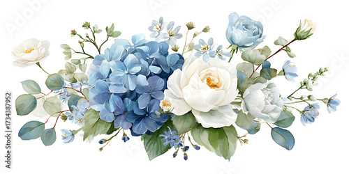 Watercolor blue and white flower set, floral leaves and bouquet arrangement isolated on transparent background for decor and wedding design

