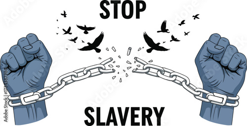 Symbolic image of hands breaking chains, representing freedom and the end of oppression, with birds flying free.