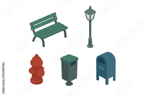 Isometric city street furniture and public utility items: park bench, street lamp, fire hydrant, trash can, mailbox
