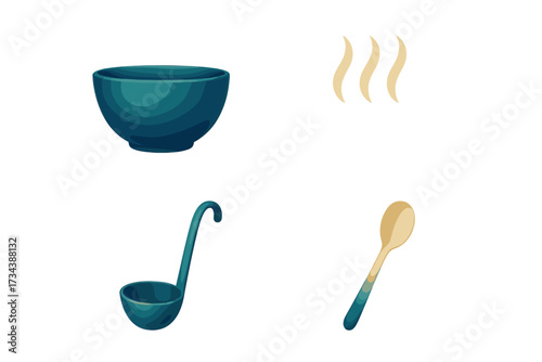 Essential kitchen utensils for preparing and serving meals, featuring a bowl, ladle, and spoon with steam