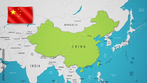 China on the World Map with the country's national flag flying.