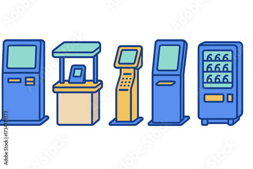 Collection of modern self-service digital kiosks, automated payment terminals, and information points for public use