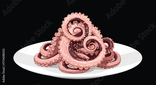 A pile of delicious cooked octopus tentacles served on a white plate.
