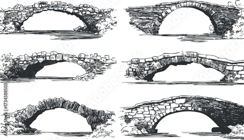 A collection of six hand-drawn stone bridges showcasing various architectural styles over water..
