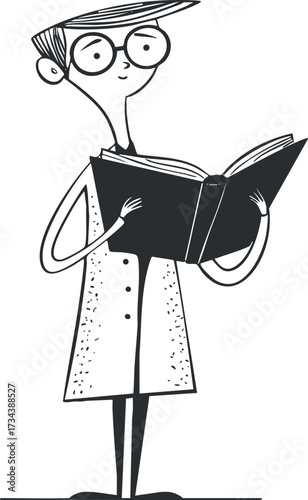 A cartoon scientist character engaged in reading a book, symbolizing knowledge and education..