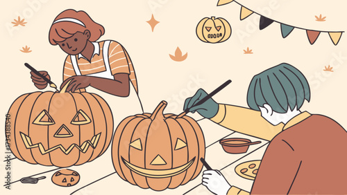 A happy family is carving pumpkins for halloween, creating spooky and fun decorations together, enjoying the holiday spirit and bonding over creative activities