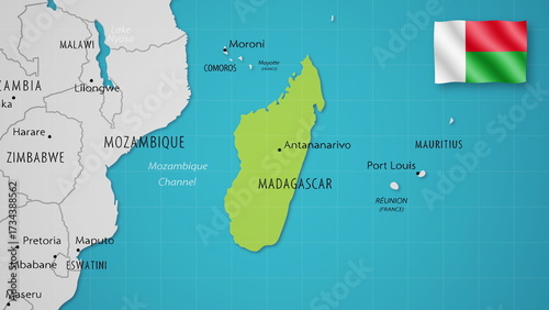 Madagascar on the World Map with the country's national flag flying.