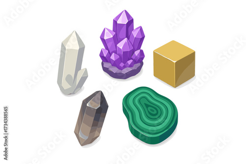Collection of various natural crystals including amethyst, quartz, and malachite alongside a shiny golden cube