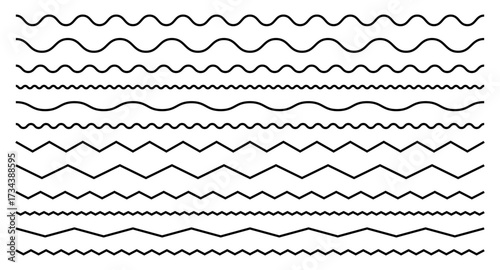 Zigzag wave line. Wiggling curved stripes. Set of vector corrugated patterns.
