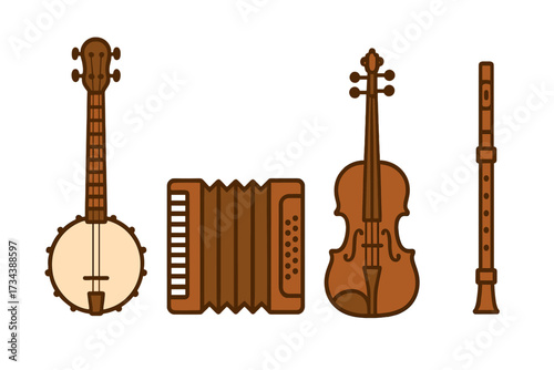 Diverse group of musical instruments including a banjo, an accordion, a violin, and a flute, presented with a clean aesthetic