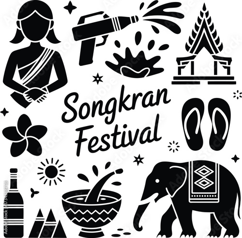 Songkran festival thailand illustration black and white vector design graphic elements celebration tradition culture