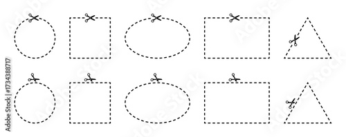 Line cut coupon with scissors. Borders with dashes of round, triangle, and rectangular shapes. Vector empty dotted frame templates for advertising design.
