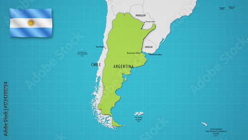 Argentina on the World Map with the country's national flag flying.