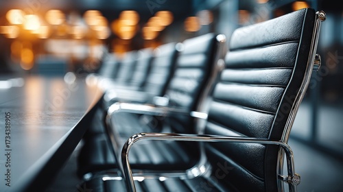 A row of sleek black leather chairs with chrome armrests lines a polished table in a modern corporate setting,