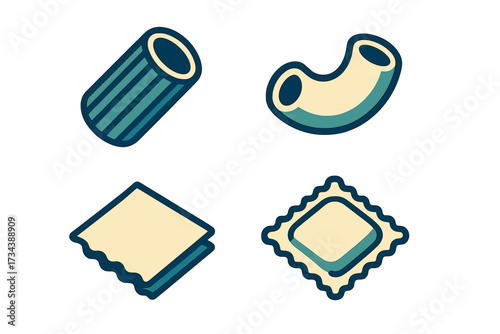 Traditional Italian pasta shapes including rigatoni, macaroni, lasagna, and ravioli for culinary designs