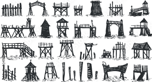 A collection of vintage wooden piers and docks illustrated in a rustic style..
