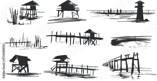 A collection of artistic sketches depicting various waterfront structures and piers in black and white..