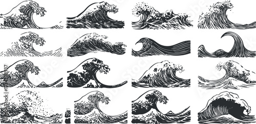 Stylized black and white illustrations of various ocean waves showcasing dynamic movement and energy..