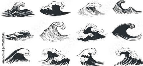 A collection of stylized waves showcasing various ocean and sea wave designs in black and white..