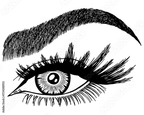 Illustration with woman's eye, eyelashes and eyebrow. Makeup Look. Tattoo design. Logo for brow bar or lash salon.