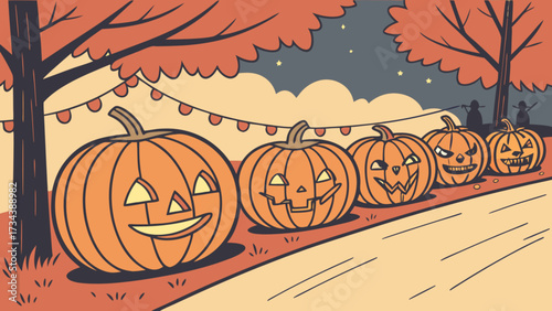 A whimsical halloween night scene featuring a row of carved pumpkins with various expressions, illuminated by string lights and set against a starry sky