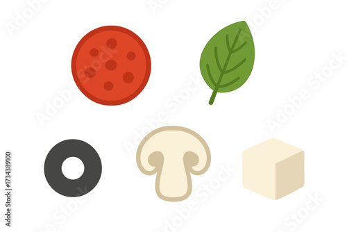 Collection of various fresh food ingredients including pepperoni, spinach, olive, mushroom, and cheese