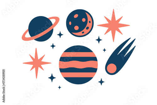Collection of stylized cosmic elements featuring planets, stars, and a comet in a retro space design